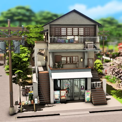 Japanese Apartment Exterior Design, Modern Japanese Townhouse, Sims Asian House, Korean Apartments Exterior, Japanese Manga Store, Asian Apartment Exterior, Japanese Townhouse Plan, Japanese Apartment Building Exterior, Sims 4 Japanese Townhouse