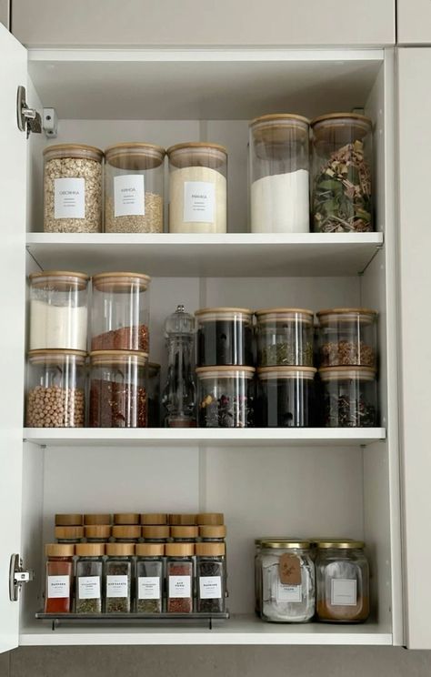 House Organization Ideas Bathroom, Small Organized Pantry, Apartment Organization Aesthetic, Themes For Houses, Pantry Organization Apartment, Kitchen Cabinet Organizing, Kitchen Cup Organization, Organized Cabinets Kitchen, No Pantry Kitchen Organization