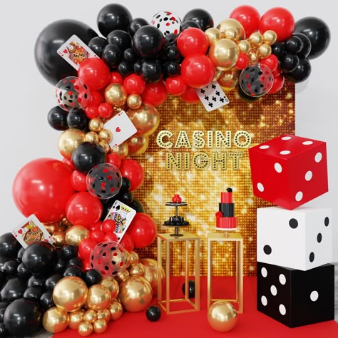 PRICES MAY VARY. Casino Theme Party Decorations: Our package includes 12'' dice favor boxes (3pcs),18" red/black balloons(2pcs),12" red black confetti balloon(5pcs),12" red/black/metal gold balloons(15Pcs),10'' red/black/metal gold balloon(50Pcs),5'' red/black/metal gold balloons(60Pcs), 4pcs balloon tools.Use our exquisite casino balloons to make your space a charming casino party decoration. Widely Applications: It's suit for casino theme party decorations, movie theme party decoration, game n Las Vegas Party Decorations, Casino Prom, Casino Theme Party, Casino Royale Theme, Casino Birthday, Casino Theme Party Decorations, Las Vegas Party, Fest Temaer, Movie Themed Party