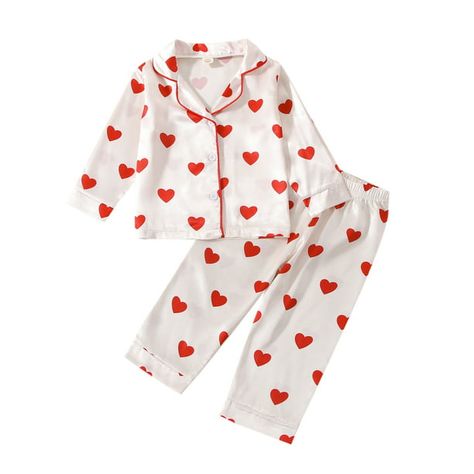 Toddler Kids Girl Pajamas Set Valentine's Day Long Sleeve Lapel Neck Buttons Heart Print Tops Straight Pants Sleepwear - Walmart.com Gift Ideas Valentines Day, Day To Day Outfits, Pajamas For Girls, Mom And Baby Outfits, Gift Ideas Valentines, Satin Pjs, Outfit Vaquero, Girl Pajamas, Day Clothes