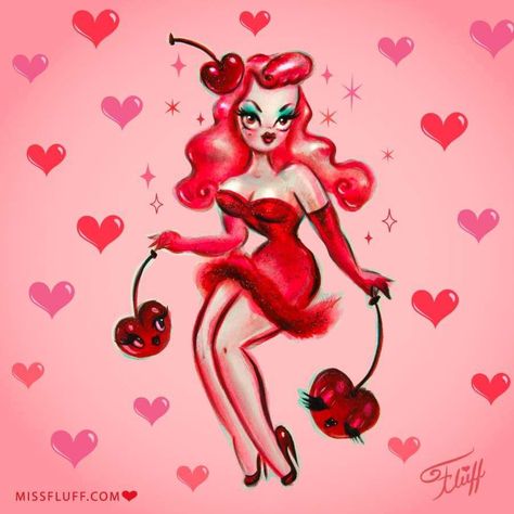 Miss Fluff Art, Vampire Valentine, Cherries Art, Fluff Art, Pinup Doll, Cartoon Pinup, Dracula's Castle, Arts Wallpapers, Dark Alice In Wonderland