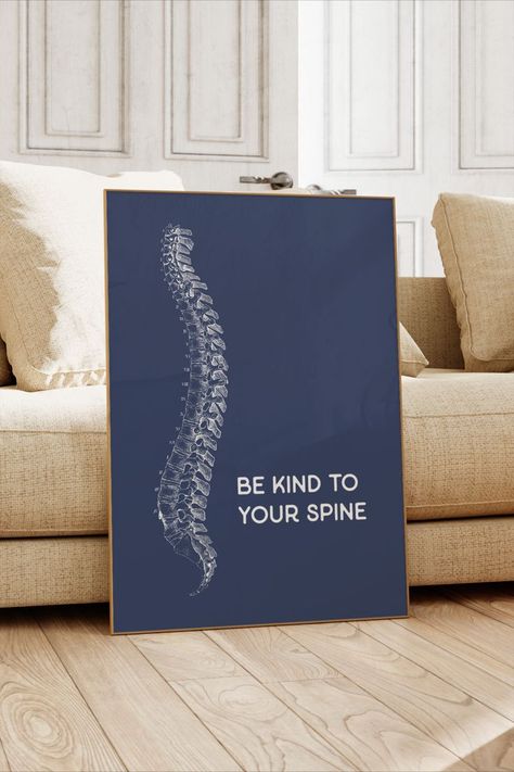 This blue chiropractor poster features the drawing of a spine with the saying "be kind to your spine." It would be great fit as chiropractic office decor and an original gift for chiro friends, your favourite spine whisperer, and future chiropractors. Printable wall art is affordable and super convenient: download, print and display instantly! Chiropractic Decor, Chiropractic Office Decor, Spine Anatomy, Chiropractic Office Design, Gifts Blue, Medical Posters, Family Chiropractic, Poster Blue, Office Poster