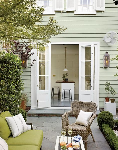 Charleston Rebuild with Character French Doors With Sidelights, Townhouse Kitchen, Balkon Decor, Trending Paint Colors, Pintura Exterior, Charleston Homes, Exterior Paint Color, Ideas Hogar, Outside Living