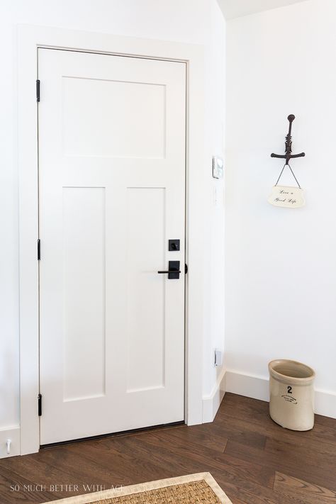 How New Baseboards, Trim and Doors Make a Huge Difference - So Much Better With Age Door And Floor Trim, Square Baseboards And Trim, White Trim Styles, Change Trim In House, Diy Door Casing Trim Work, Extra Tall Baseboards, Floor Trim Ideas Baseboards Modern, Modern Farmhouse Baseboards And Trim, Types Of Interior Door Styles