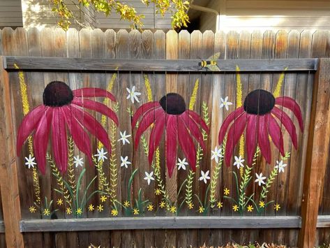 30 Fence Murals That Turn Your Backyard Into a Boise Wonderland Poppy Fence Mural, Garden Fence Painting Ideas, Landscape Fence Line, Decorate Wood Fence, Garden Fence Art Diy, Fence Stencil Ideas, Painted Fences Ideas Backyards Easy, Wooden Fence Painting Ideas, Painted Wood Fence Ideas