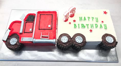 Taking inspiration from Pinterest pins I made this red semi truck cake for a young boy who loves semi trucks. Big Truck Birthday Cake, Trucker Birthday Cake, Semi Birthday Cake, Truck Driver Birthday Cake, Semi Birthday Party, Semi Truck Birthday Party Ideas, Semi Truck Party Ideas, Semi Truck Themed Birthday Party, Peterbilt Birthday Cake