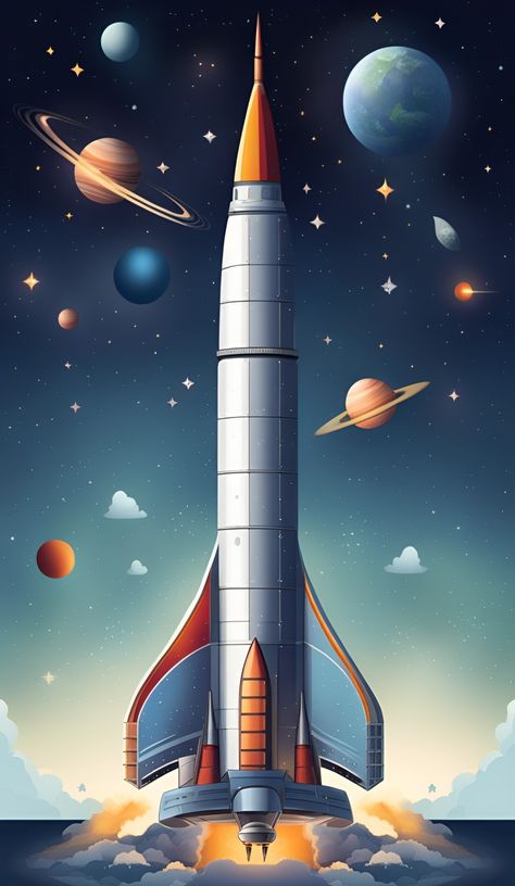 A simple banner-like image of a space rocket detailed with fascinating detail and an impressive wallpaper illustrator. Space Rocket Illustration, Brand Animation, Rocket Drawing, Grpahic Design, Rocket Model, Impressive Wallpaper, Dmc Delorean, Rocket Design, Space Drawings