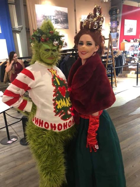 My honey and I dressed up as the grinch and Martha May for my work party 💕 Grinch Christmas Party Outfits, Martha May And Grinch Costume, Woman Grinch Costume, Grinch Dress Up, Max The Dog Grinch Costume Diy, Grinchmas Costumes, The Grinch And Martha May Costume, Martha May Costume, Christmas Movie Costume Ideas