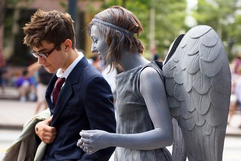 Doctor Who walking a Weeping Angel, DragonCon 2012 Weeping Angel Cosplay, Digimon Characters, Weeping Angels, Weeping Angel, Hallowen Costume, 10th Doctor, Wibbly Wobbly Timey Wimey Stuff, Timey Wimey Stuff, Superwholock