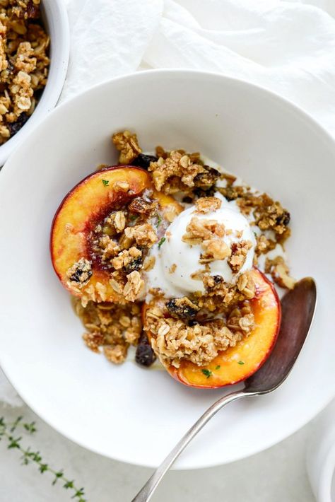 Baked Nectarines with Oatmeal Cookie Crumble - Simply Scratch Nectarine Aesthetic, Baked Nectarines, Fall Birthday Dinner, Summer Bowls, Homemade Oatmeal Cookies, Nectarine Recipes, Coconut Baking, Botanical Kitchen, Cookie Crumble