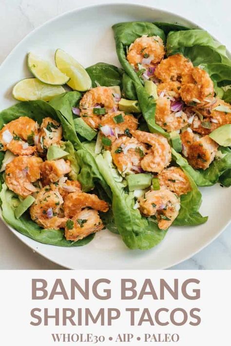 Bang Bang Shrimp Tacos, Shrimp Taco Recipe, Healthy Shrimp Tacos, Paleo Seafood, Seafood Dinners, Shrimp Taco, Paleo Fish, Spicy Shrimp Tacos, Cilantro Lime Slaw