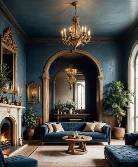 Academia House, Moody Living Room, French Interior Design, Victorian Interiors, Modern Victorian, Trendy Home Decor, Blue Living Room, Elegant Living Room, Blue Rooms