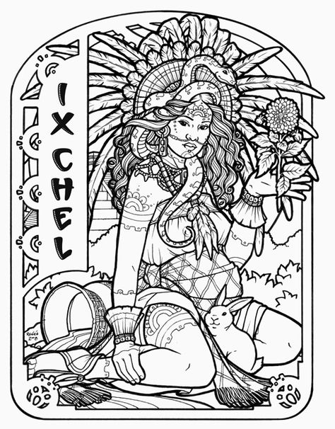 Ix Chel - Mayan Goddess of Marriage, Fertility, Creativity and Childbirth by Renée Yates-McElwee #coloringbook Mayan Goddess Ixchel, Ix Chel Tattoo, Mayan Goddess Tattoo, Ixchel Goddess, Mayan Goddess, Ix Chel, Aztec Goddess, Goddess Of Marriage, Mayan Women