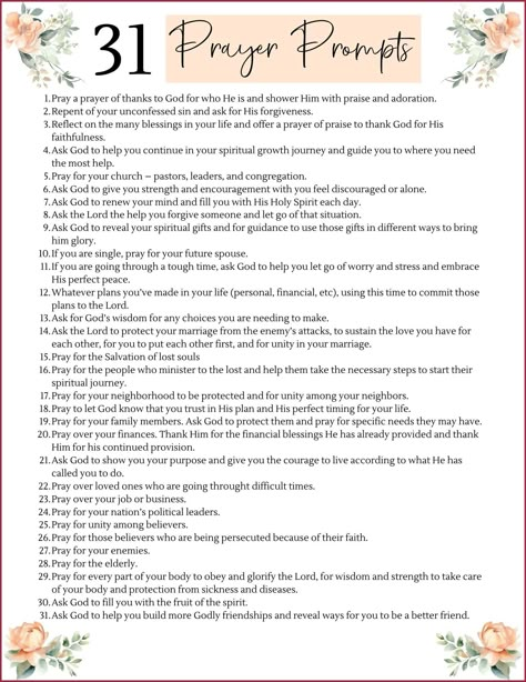 Prayer prompts can be a great way to kick off your prayer time. They can also be used in prayer journaling as a way of reflecting on prayers that you have already prayed. Many prayer journals include prayer prompts to help people get started with prayer. Either way, prayer prompts are a helpful tool for both the person praying and the one listening! Prayer For Personal Growth, Prayer To Start Bible Study, Prayer Prompts For Women, How To Make A Prayer Journal, Prayer Journal Aesthetic, How To Start A Prayer Journal, Prayer List Ideas, Prayer Journal Ideas Notebooks Diy, Prayer List Printable