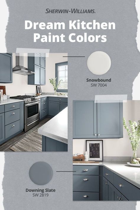 Paint your way to your dream kitchen with cabinet and wall colors from Sherwin-Williams. Walls in Snowbound SW 7004 create the perfect backdrop for cabinets painted in Downing Slate SW 2819. Tap this pin for more kitchen paint color inspiration. #kitchen #renovation #remodel #diy #cabinets Sw Cabinet Colors, Sw Niebla Azul Cabinets, Kitchen Walls And Cabinet Colors, Kitchen Sherwin Williams Paint Colors, Light Blue Cabinets Kitchen Paint Colors, Stardew Cabinets Sherwin Williams, Slate Cabinets Kitchen, Sherwin Williams Blue Gray Kitchen Cabinet Colors, Sw Downing Slate