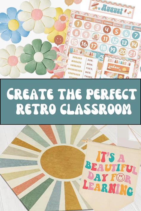 Retro Classroom Theme High School, Groovy Theme Classroom Door, Retro Groovy Classroom Decor, Retro Preschool Classroom, Retro Kindergarten Classroom, Retro Rainbow Classroom Theme, Classroom Standards Display, Indie Classroom, Groovy Classroom Decor Ideas