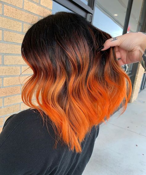 🧡🖤Gorgeous black to orange ombre by @elle_doeshair - use our Eclipse Black + Siam Orange to feel like Halloween all year round🖤🧡 Orange And Black Ombre Hair, Ombre Hair Color Orange, Eclipse Hairstyle, Orange Ends Of Hair, Orange Ombré Hair, Halloween Colored Hair, Black To Orange Ombre Hair, Black To Orange Hair, Orange Hair Ombre