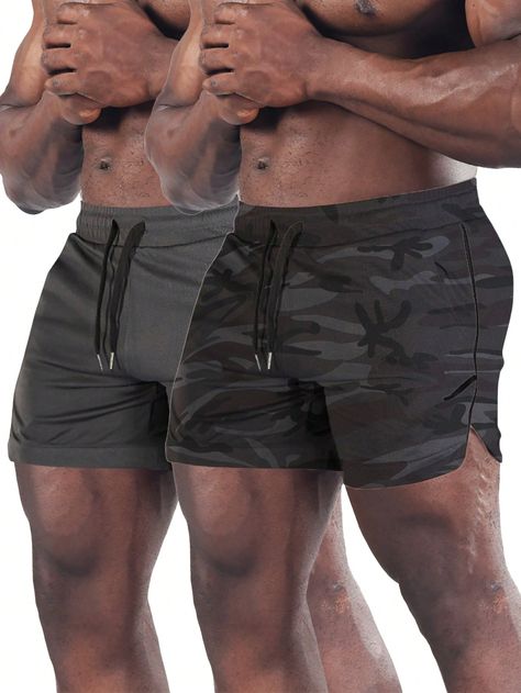 2 Packs Men's Gym Workout Shorts Running Lightweight Athletic Short Pants Bodybuilding Training Dark Gray + Gray Camouflage    Knitted Fabric Plain  Slight Stretch  Men Activewear, size features are:Bust: ,Length: ,Sleeve Length: Men Activewear, Gym Workouts For Men, Bodybuilding Training, Knitted Swimsuit, Summer Bikinis, Outdoor Men, Cropped Leather Jacket, Mens Activewear, Sport Shorts