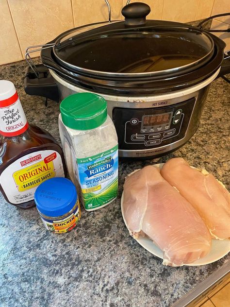 Crock Pot BBQ Ranch Chicken Ingredients 2 lbs boneless chicken breasts 1c chicken broth 1 pack (3Tbsp) dry ranch dressing mix 1c bbq sauce (more/less to taste) Simple, 4 ingredient, family-friendly recipe! Boneless Skinless Chicken Crockpot Recipes, Crockpot Recipes With Chicken Tenderloins, Chicken In The Crockpot Boneless, Bbq Ranch Chicken Crockpot, Boneless Chicken Crockpot Recipes, Bbq Chicken Crockpot Easy, Bbq Chicken Thighs Crockpot, Crockpot Chicken Ranch, Crockpot Boneless Chicken Breast Recipes