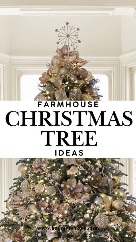 Farmhouse Christmas Tree Ideas-30 Christmas Tree Ideas and Themes. Bring cozy charm into your holiday decor with a farmhouse Christmas tree! This theme uses rustic touches like burlap ribbons, wooden ornaments, and plaid bows. It’s the perfect Christmas tree idea for creating warm, nostalgic vibes with simple yet stylish Christmas tree decorations. Deer Theme Christmas Tree, Christmas Farmhouse Tree Ideas, Christmas Tree Ideas For Green Tree, Burlap And Lace Christmas Tree, Bronze And White Christmas Tree, Fabulous Christmas Trees, Rustic Xmas Tree Ideas, Flocked Christmas Tree With Green Decor, Snow Theme Christmas Tree