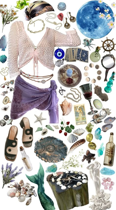 Seaside Aesthetic Outfit, Mermaid Aesthetic Outfit Summer, Sea Witch Clothes, Ocean Witch Aesthetic Fashion, Whimsigoth Beach Outfit, Sea Witch Outfit Aesthetic, Sea Witch Fashion, Mermaid Core Aesthetic Outfits Casual, Water Witch Aesthetic Outfit