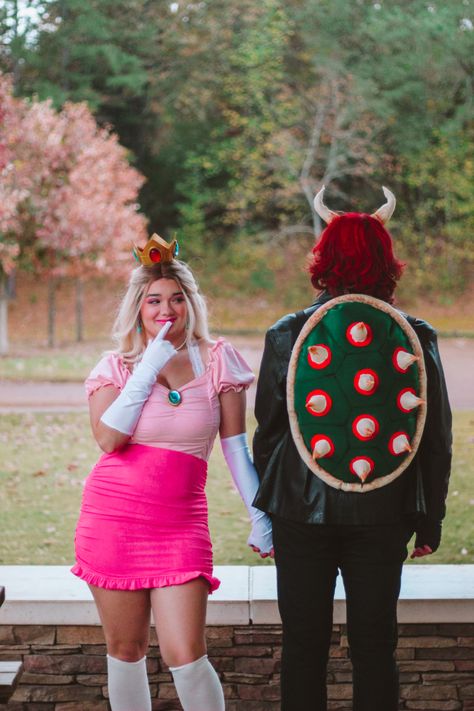 Princess Peach Customes, Princess Peach And Luigi, Peach And Bowser Cosplay, Peaches Halloween Costume, Bowser And Peach Costume, Diy Bowser Costume Men, Princess Peach And Bowser Costume, Peach And Bowser Costume, Diy Peach Costume