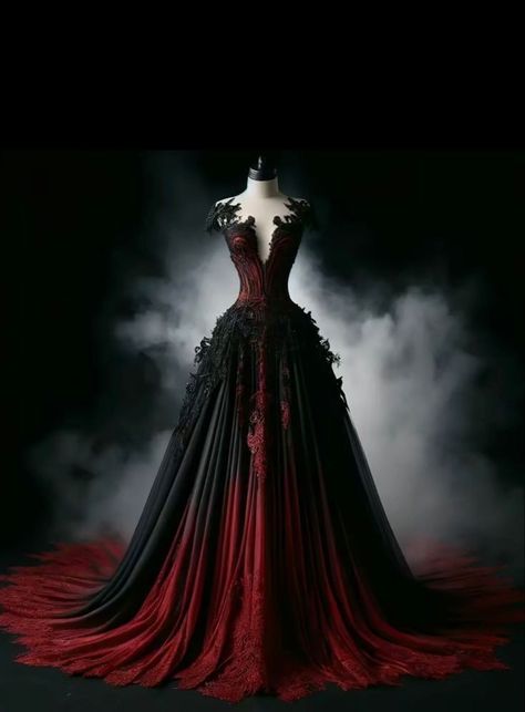 Dark Fantasy Gown, Dark Red Ball Gown, Villain Dresses, Black Wedding Gowns, Sleeve Tattoo Ideas, Black Ball Gown, Red Wedding Dress, Gothic Wedding Dress, Red Wedding Dresses