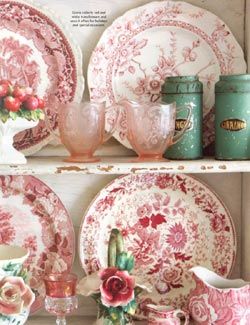 Pink transferware with turquoise accents  article from Romantic Homes Mag. Feb 2010 Toile Plates, Transferware Dishes, Red Transferware, Pink Dishes, Red Dishes, Pink China, Mixed Patterns, Pretty Dishes, Pretty China