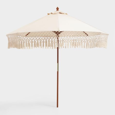 Umbrella Canopy, Patio Umbrella Stand, Fringe Fabric, Diy Outdoor Decor, Building A Deck, Outdoor Umbrella, Patio Umbrellas, Outdoor Solar Lights, Back Patio