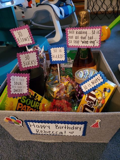 30th Bday Gifts For Him, Dirty 30 Gifts Men, 30th Present Ideas Men, Funny Birthday Basket Ideas, 30 Things For 30th Birthday Gift Baskets, Mens 30 Birthday Gift Ideas, Clever 30th Birthday Gifts, Turning 30 Gift Basket, Friends 30th Birthday Gift