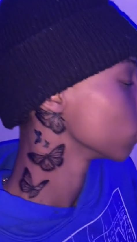 Butterfly Neck Tattoos Women, Meaningful Neck Tattoos, Neck Tat Ideas, Butterfly Tattoo On Neck, Rose Neck Tattoo, Butterfly Neck Tattoo, Nails And Tattoos, Rose Tattoos For Women, Small Tats