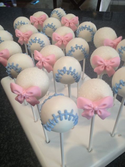 Gender Reveal Cake Pops!! Beau's or Bow's??? mailto:Bitesbybrandi@gmail.com @brandiiibakes Gender Reveal Cakepops, Reveal Party Food Ideas, Gender Reveal Party Food Ideas, Soccer Gender Reveal, Gender Reveal Cake Pops, Gender Reveal Food, Baseball Gender Reveal, Gender Reveal Party Food, Gender Reveal Box