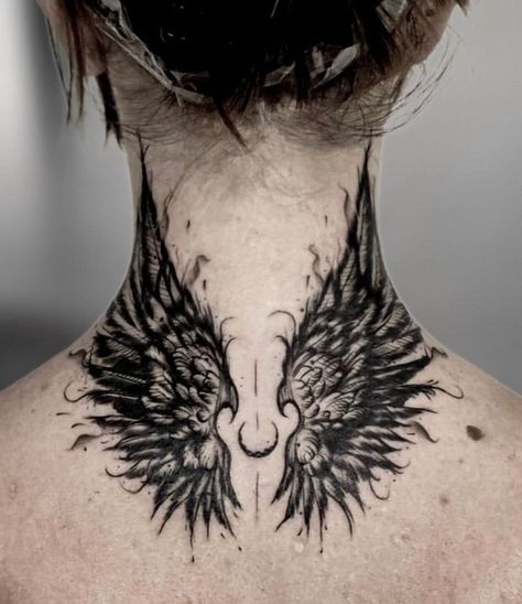 Behind The Neck Tattoos, Wing Neck Tattoo, Wing Tattoos On Back, Watercolor Tattoo Ideas, Horse Tattoo Design, Dark Tattoos, Realistic Tattoo Sleeve, Black White Tattoos, Devil Tattoo