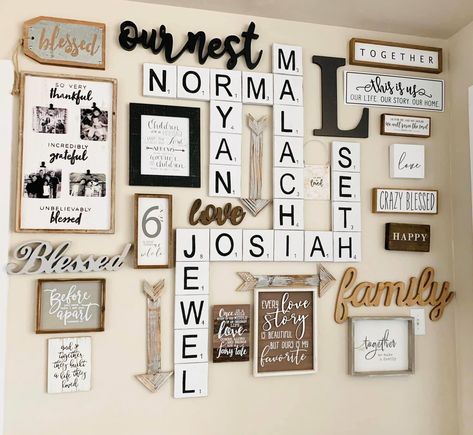 Gallery Wall Examples, Scrabble Wall Decor, Staircase Wall Decor, Photo Wall Display, Scrabble Wall, Family Wall Decor, Family Wall, Interior Design Diy, Diy Home Decor Projects