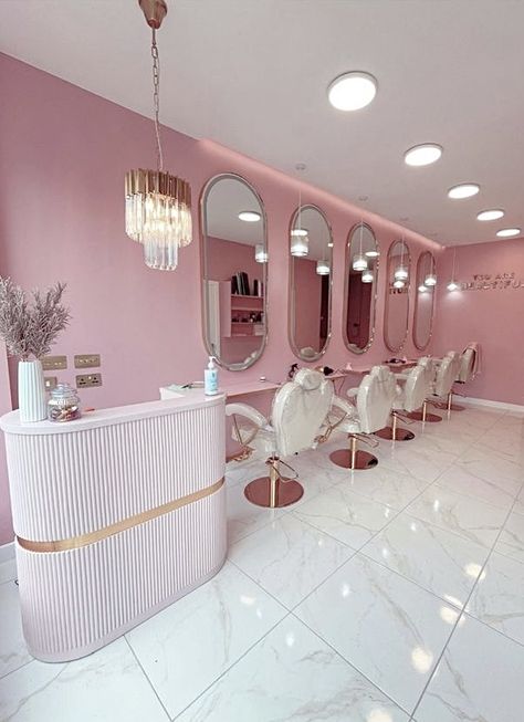 Salon Boutique Ideas Interior Design, Boho Salon Aesthetic, Salon Interior Design Pink, Pink Salon Aesthetic, Saloon Decor Interior Design, Pink Hair Salon, Beauty Bar Salon Ideas, Beauty Bar Ideas, Beauty Shop Decor