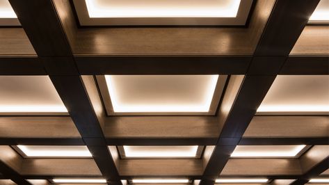 Waffled Square Ceiling Glow No 1 Grosvenor Square Lighting Design Consultants Nulty Reference Lighting, Ceiling Panelling, Square Lighting, Waffle Ceiling, Grosvenor Square, Box Ceiling, Ceiling Feature, Luxury Ceiling Design, Molding Ceiling