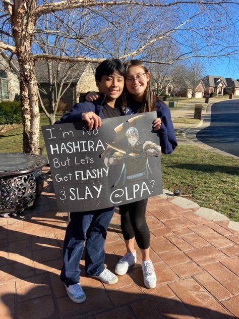 Anime Homecoming Proposal, Anime Promposal Ideas, Anime Hoco Proposals Ideas, Anime Hoco Proposal, Anime Promposal, Promposal Ideas For Him, Demon Slayer Poster, Slayer Poster, Homecoming Poster Ideas