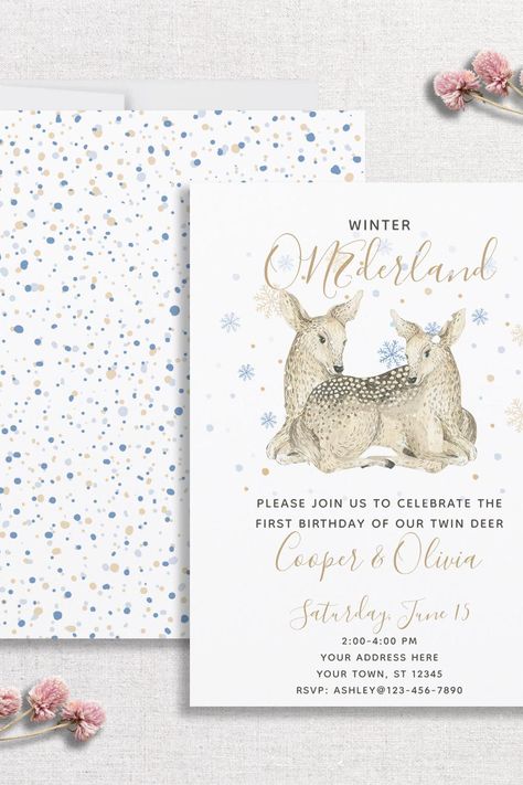 Twins Winter ONEderland Deer Baby's 1st Birthday Invitation Baby's 1st Birthday, Birthday Cheers, 1st Birthday Invitation, Twin Birthday, Winter Onederland, Blue Winter, Baby 1st Birthday, Baby Shower Invites, 1st Birthday Invitations