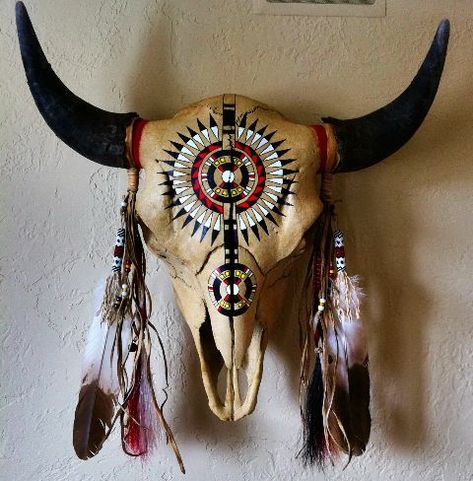 Painted Buffalo, Painted Animal Skulls, Deer Skull Art, Painted Cow Skulls, Cow Skull Decor, Cow Skull Art, Bison Skull, Native American Decor, Indian Skull