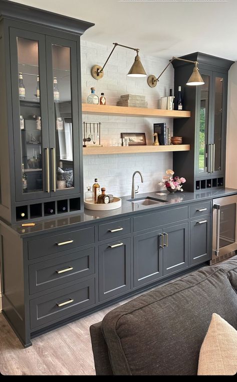 Wet Bar With Tv And Floating Shelves, Luxury Home Coffee Bar, Basement Wet Bar With Microwave, Dark Green Wet Bar, Basement Bar Cabinet Ideas, Built In Beverage Station, Bar Built In, Wet Bar In Dining Room, Mini Wet Bar