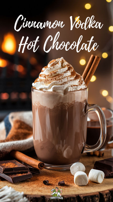 "Indulge in the ultimate winter treat with this Cinnamon Vodka Hot  Chocolate Cocktail Recipe. This cozy Cinnamon Vodka Winter Cocktail  combines rich hot chocolate with a splash of cinnamon vodka for a warm,  spiced chocolate drink. Perfect for chilly nights, this Hot Chocolate  with Cinnamon Vodka is your go-to recipe for a delightful Hot Chocolate  Vodka experience. Sip on this delicious Warm Spiced  Chocolate Drink and embrace the season!" Movie Night Drinks Alcohol, 360 Chocolate Vodka Drinks, Hot Cocoa With Alcohol, Hot Chocolate Alcoholic Drinks Easy, Hot Vodka Cocktails, Cinnamon Drinks Alcohol, Hot Chocolate Recipes With Alcohol, Warm Wine Drinks, Cinnamon Vodka Drinks Recipes