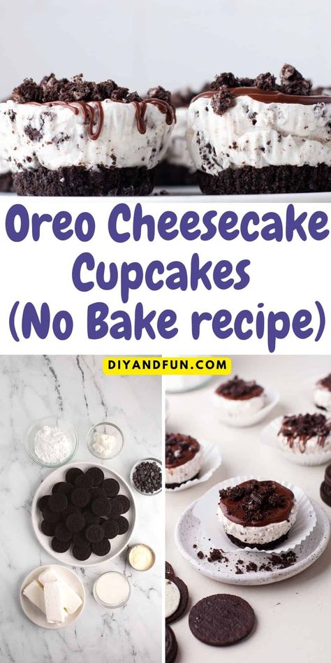 Oreo Cheesecake Cupcakes No Bake, a simple and delicious three layer dessert made with a cookie crust and creamy cheesecake filling. Cheesecake Cupcakes No Bake, Oreo No Bake Cheesecake Cups, Oreo Cheesecake Cupcakes Recipe, Cheesecake Oreo Cupcakes, No Bake Oreo Cheesecake Bites, Oreo Cheesecake Recipes Easy No Bake, Oreo Cheesecake Cupcakes No Bake, No Bake Oreo Cheesecake Shooters, Oreo Cheesecake Cups