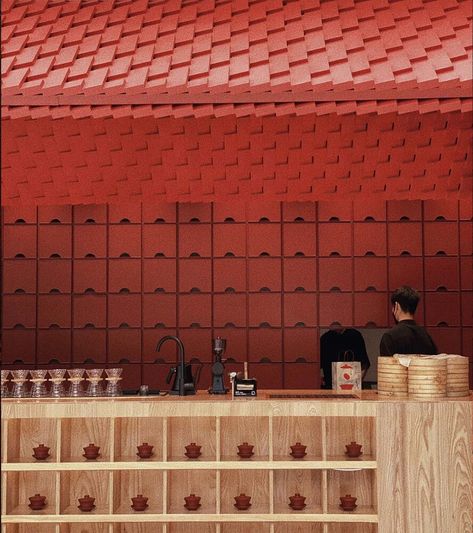 Red Cafe, Brick Coffee Shop, Red Coffee Shop, Chinese Cafe Design, Modern Chinese Cafe, Red Interior Restaurant, Japanese Restaurant Facade Design, Brick Cafe, Red Restaurant