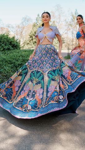 Butterfly Blouse, Blue Lehenga, Lehenga Online, Forest Print, Indian Bridal Wear, Tropical Blue, Bridal Lehenga, Indian Design, Indian Outfits