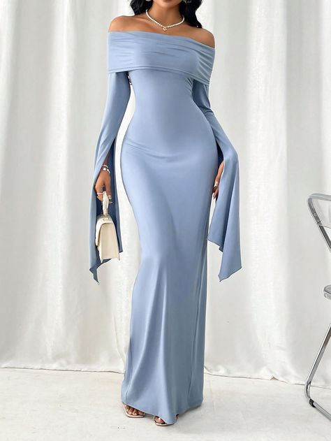 Teal Blue Party Collar Extra-Long Sleeve Fabric Plain Bodycon Embellished High Stretch  Women Clothing Prom Dress Ideas With Sleeves, Long Formal Dresses Elegant With Sleeves, Birthday Outfit Long Sleeve, Long Sleeve Classy Dress, Pretty Prom Dresses Long Sleeve, Formal Dresses Long With Sleeves, Long Elegant Dresses Classy, Bodycon Prom Dress Long, Graduation Dress Aesthetic