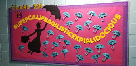 Mary Poppins Bulletin board Mary Poppins Bulletin Board, Mary Poppins Classroom Theme, Mary Poppins Decorations, Pixar Classroom, Mary Poppins Jr, Spotlight Bulletin Board, Mary Poppins Theatre, Disney Bulletin Boards, Daycare Bulletin Boards