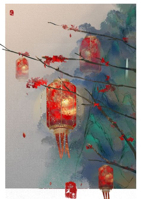 Japanese Lanterns Aesthetic, Chinese Inspired Painting, Red Lantern Aesthetic, Chinese Lanterns Painting, Chinese Lanterns Aesthetic, Chinese Art Aesthetic, Chinese Lantern Art, Chinese Art Style, Chinese Folk Art