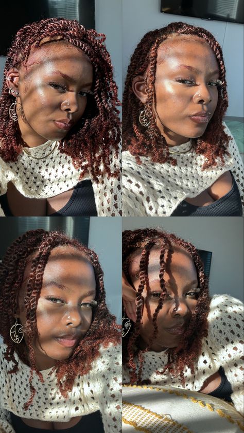 black girl with reddish brown 16 inch mini twists Brown Mini Twists, Ginger Mini Twists, Mini Twists Natural Hair, Type 4 Hair, Mini Twists, Reddish Brown, Type 4, Natural Hair Color, Coils