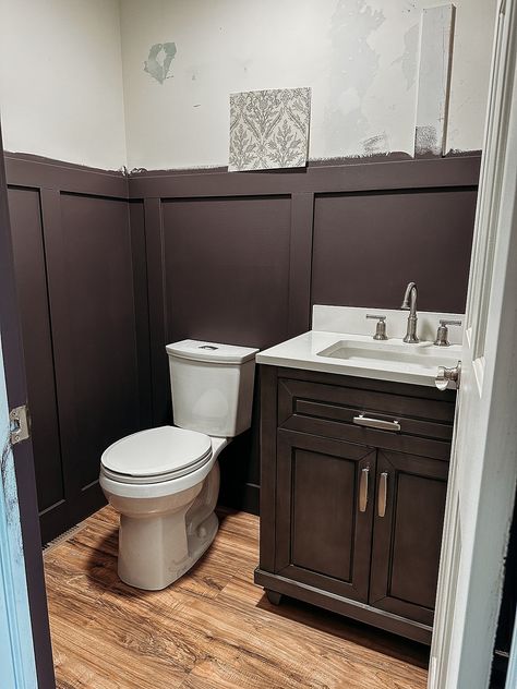 Sherwin Williams Darkroom in an English Cottage Powder Room Makeover | The Rural Legend Moody English Cottage, Half Bathroom Makeover, Vintage Powder Room, Modern Powder Room, Moody Vintage, Thrifted Decor, Powder Room Makeover, Cottage Vintage, Cottage Bathroom