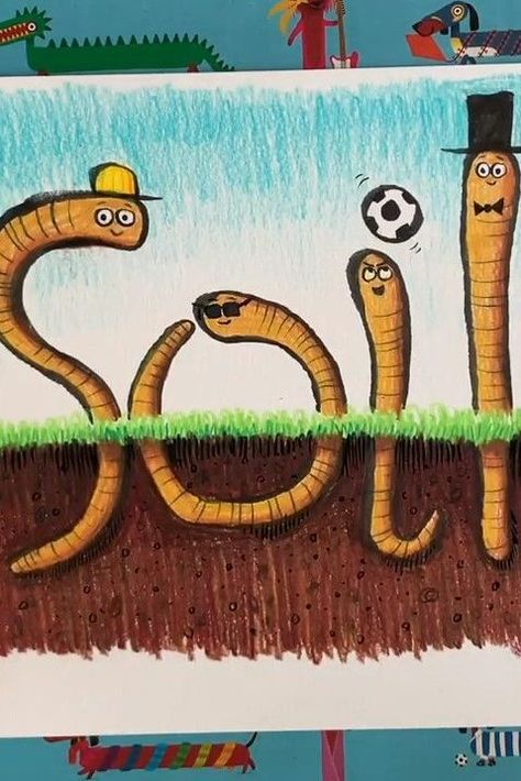 Save Soil Poster Drawing, Save Soil Drawing, Worm Artwork, Earthworm Drawing, Rob Biddulph, Soil Drawing, Worm Drawing, 4 H Clover, Autumn Window